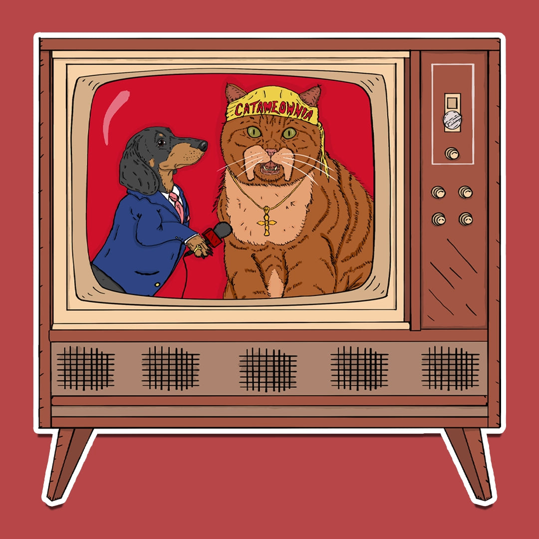 Sticker of A vintage console TV showing an interview with the Catamaniac and 'Mean Ween' Okerlund