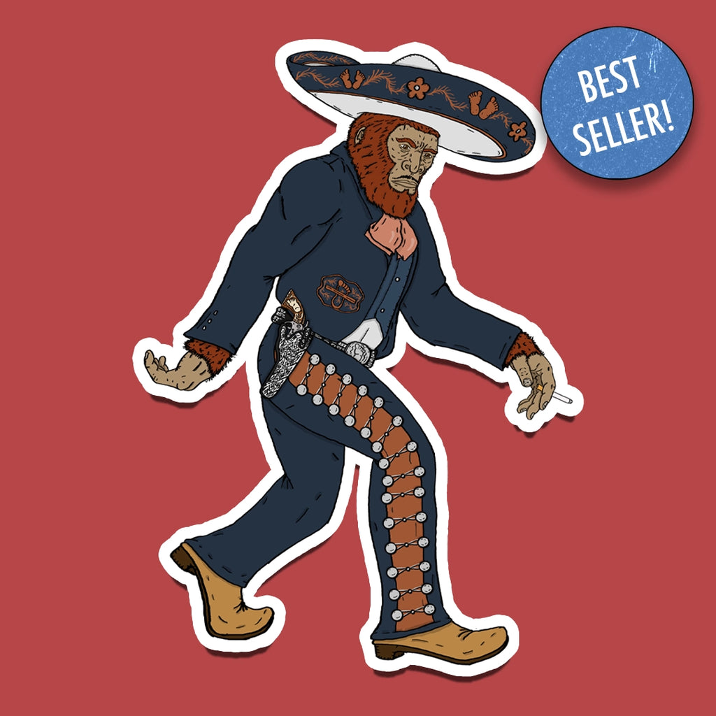 Sticker of A Bigfoot in traditional Mexican Charro gear striking the classic Bigfoot walking pose