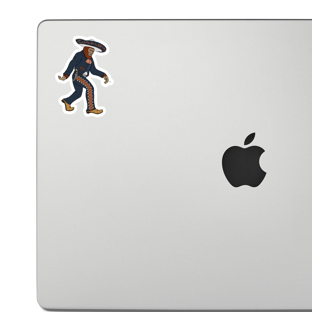 Sticker of A Bigfoot in traditional Mexican Charro gear striking the classic Bigfoot walking pose