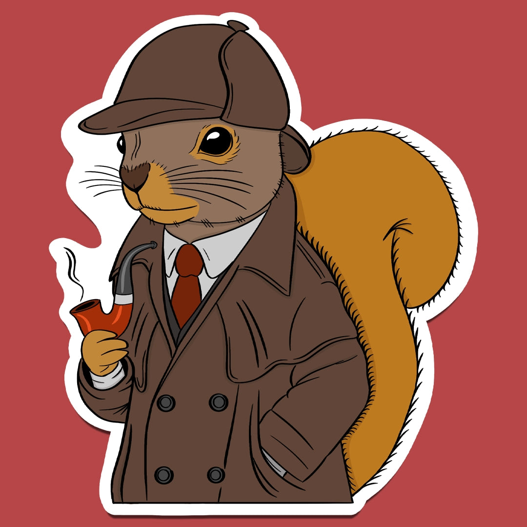 Sticker of A squirrel dressed like Sherlock Holmes, holding a pipe