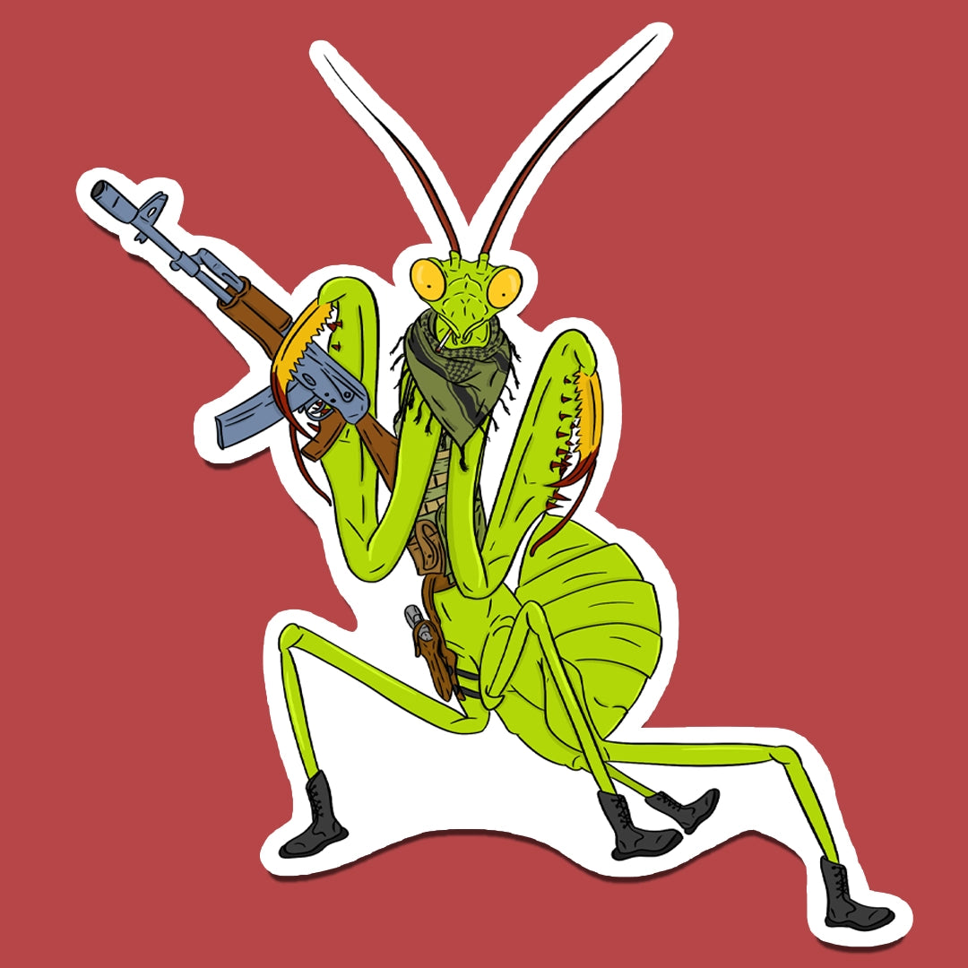 Sticker of A praying mantis in military gear carrying a rifle
