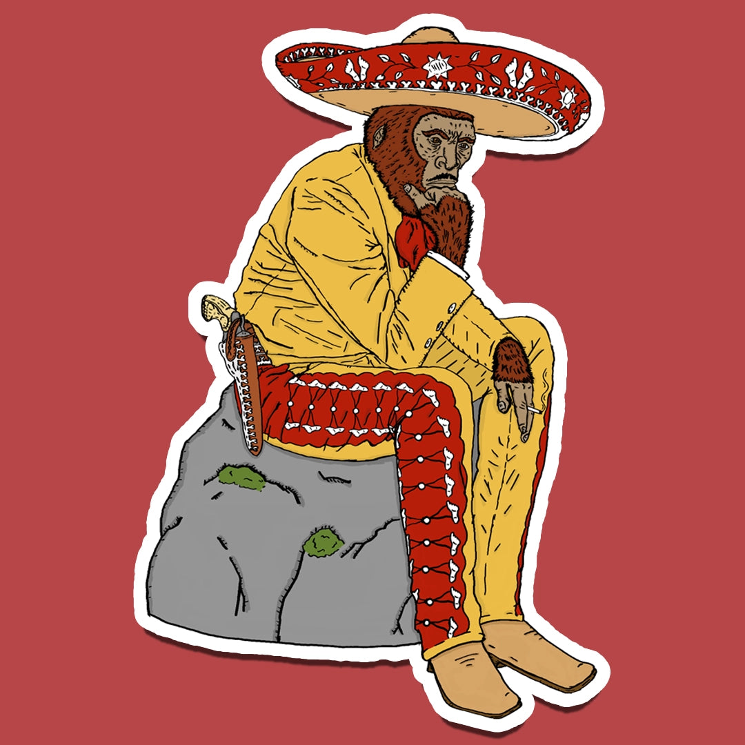 Sticker of A Sasquatch in Mexican Charro gear, sitting on a rock smoking and thinking
