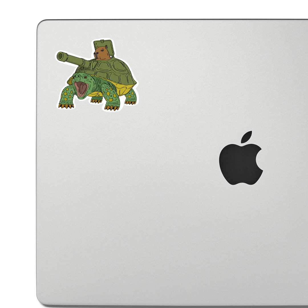 Cartoon turtle with a capybara on its back and a tank on its shell displayed on a laptop 