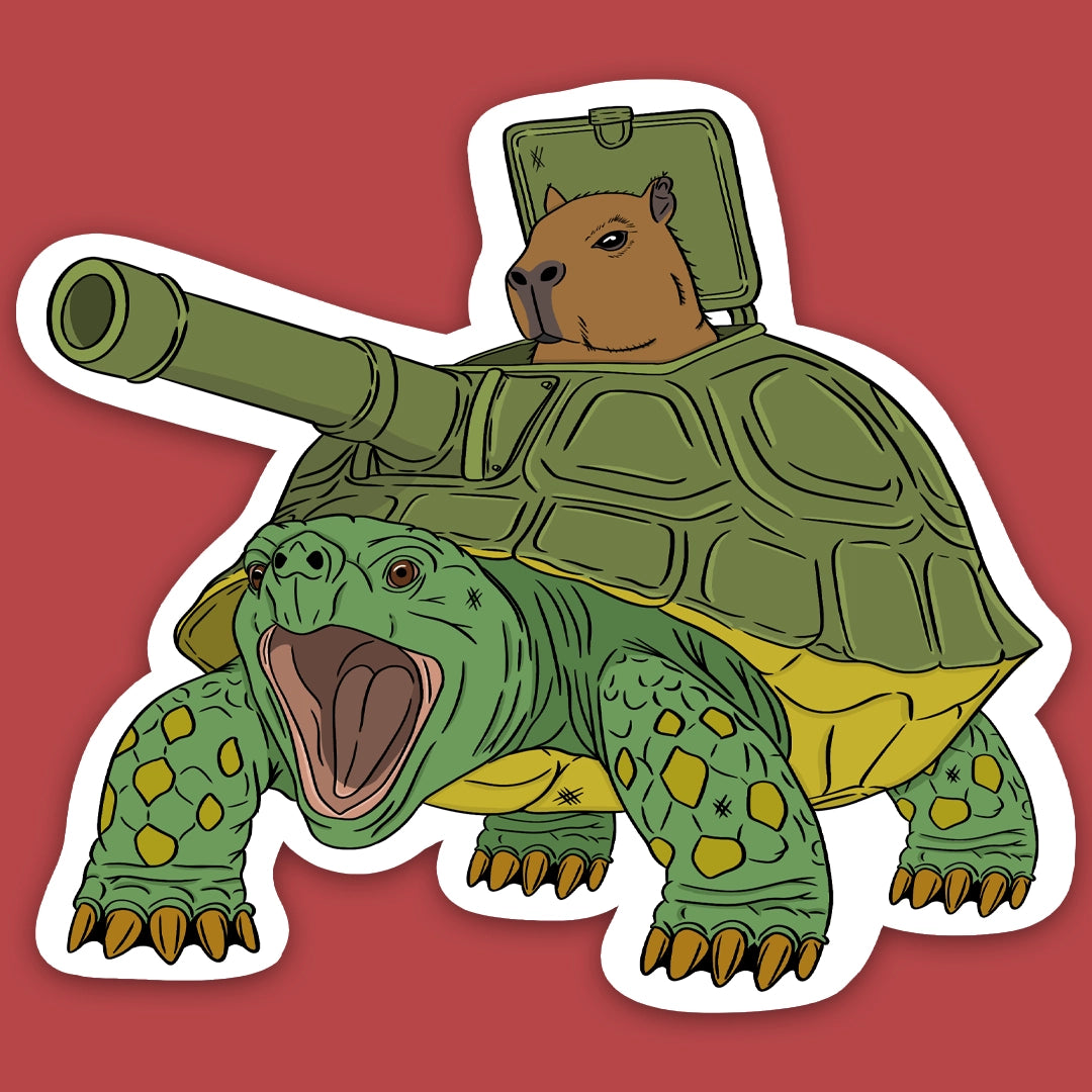 Cartoon turtle with a capybara on its back and a tank on its shell against a red background