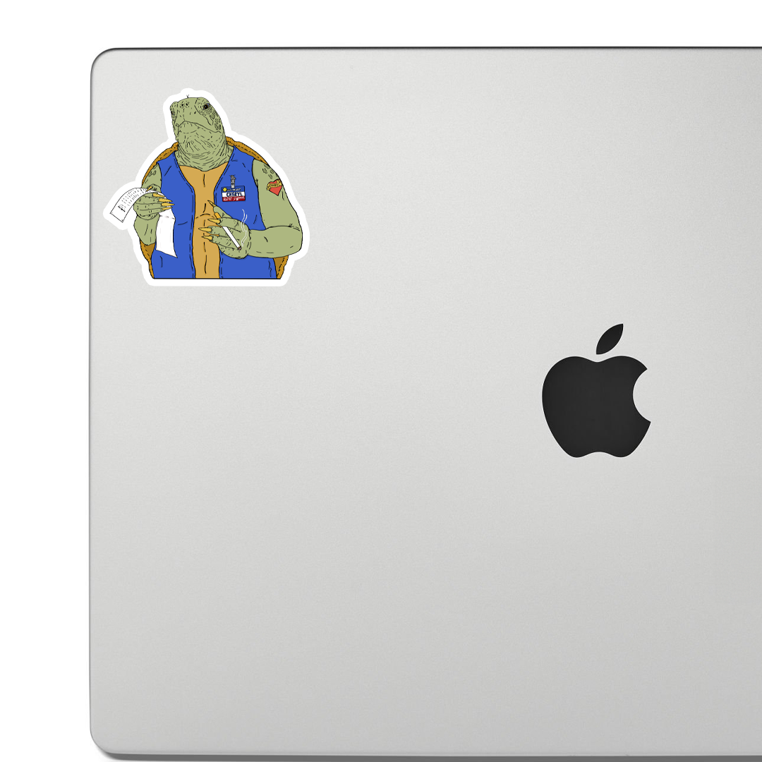 Sticker of A turtle acting as a Walmart receipt checker, holding a cigarette