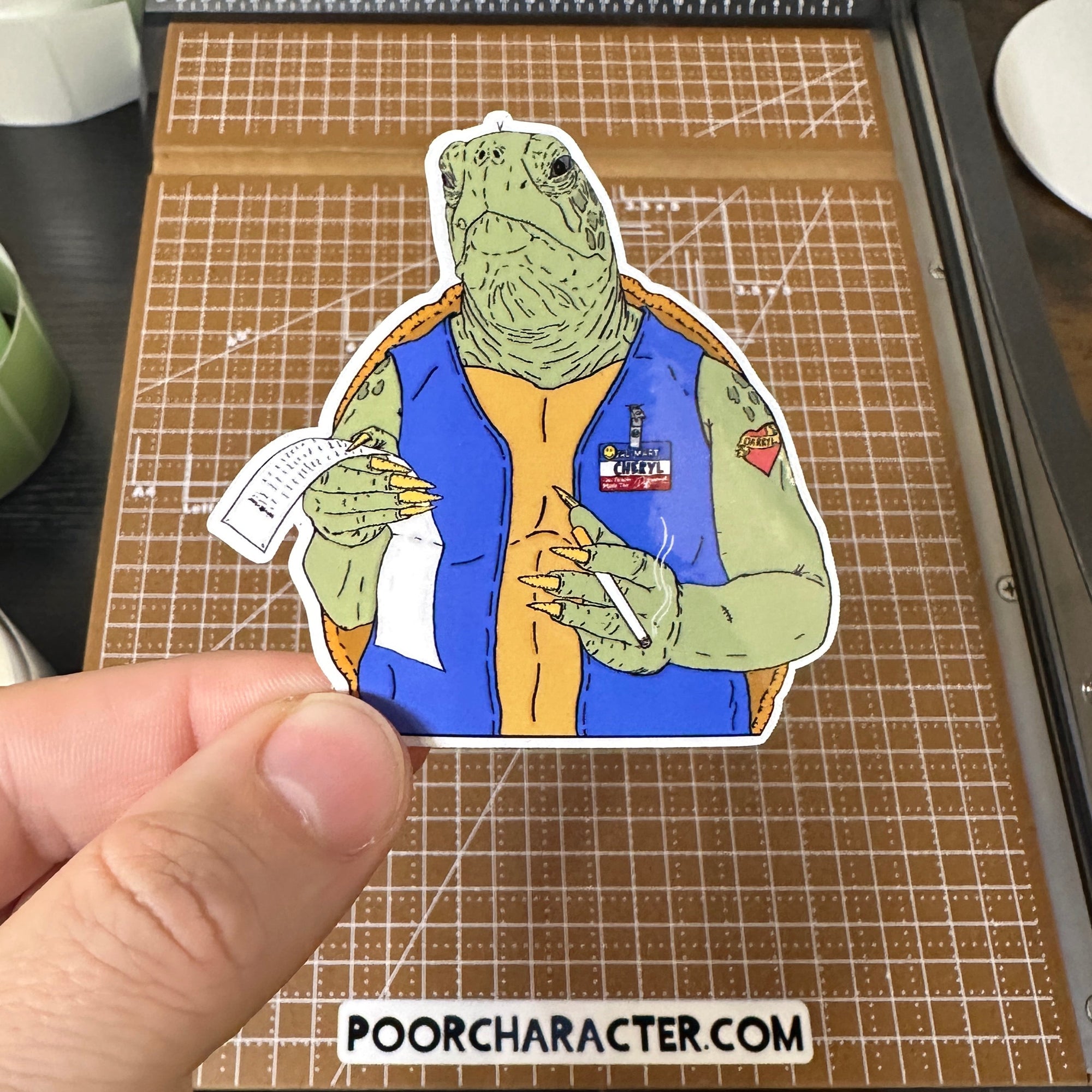 Sticker of A turtle acting as a Walmart receipt checker, holding a cigarette