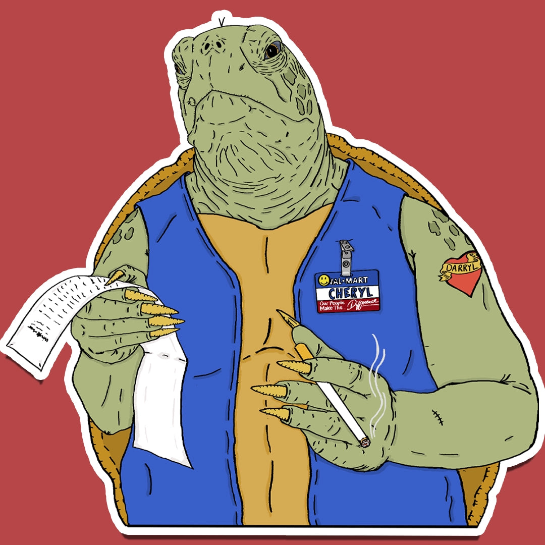 Sticker of A turtle acting as a Walmart receipt checker, holding a cigarette