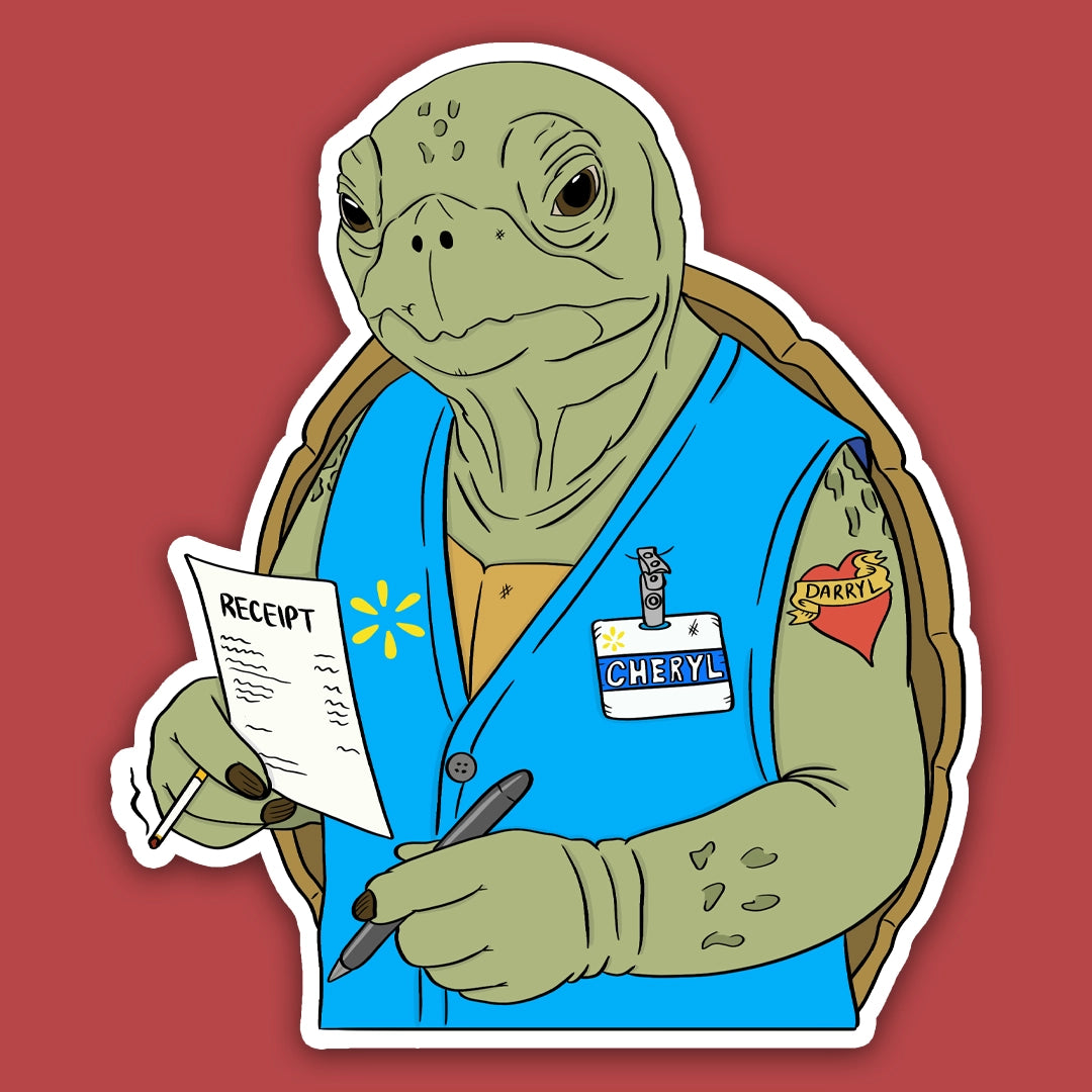 Illustration of a turtle character wearing a blue vest with a name tag, holding a receipt, on a red background.