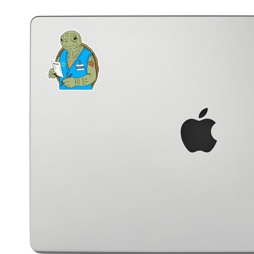 sticker of a turtle character wearing a blue vest with a name tag, holding a receipt, stuck on a laptop