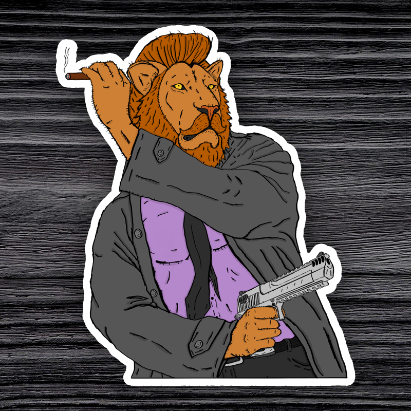 A compelling vinyl sticker portraying a formidable Lion Assassin, gripping a massive gun in one paw and casually holding a smoldering cigar in the other, exuding a dangerous yet suave demeanor that is both captivating and awe-inspiring.